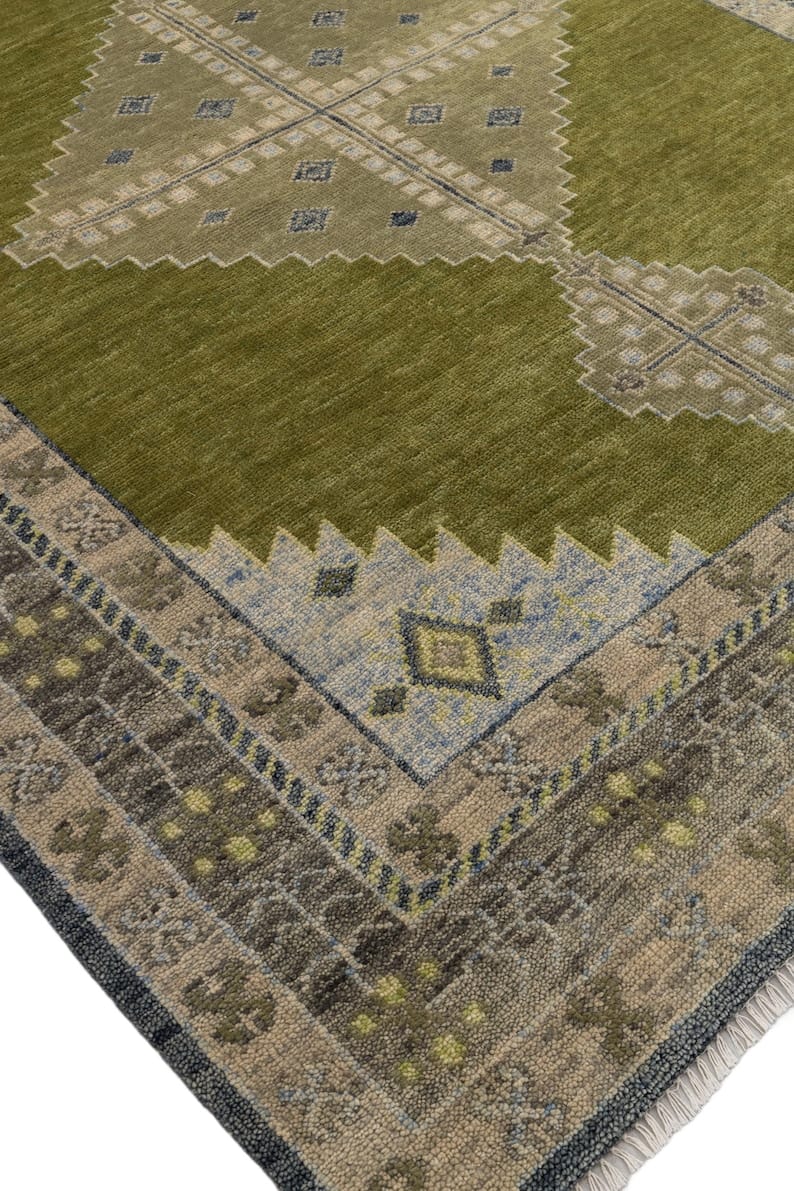 Hand Knotted Olive Green Rug, Vintage Tribal Area Rug, Geometric Wool Carpet, Distressed Persian Style Rug, Boho Living Room Decor