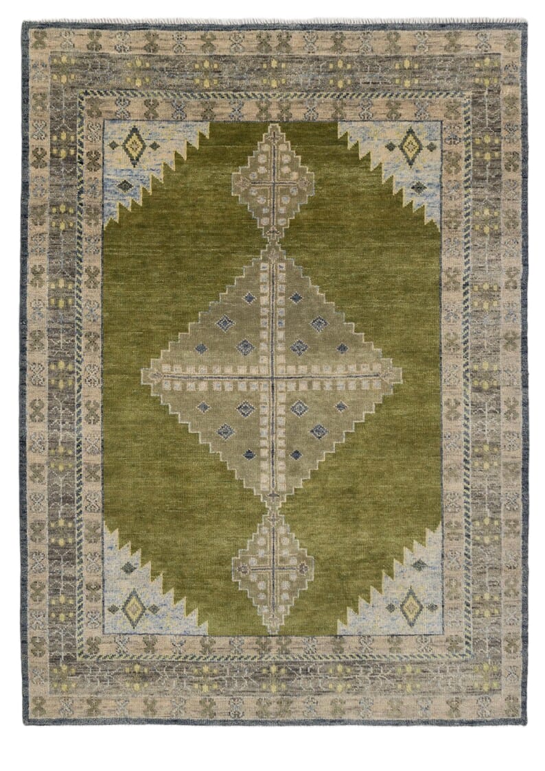 Hand Knotted Olive Green Rug, Vintage Tribal Area Rug, Geometric Wool Carpet, Distressed Persian Style Rug, Boho Living Room Decor