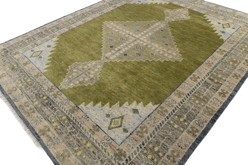 Hand Knotted Olive Green Rug, Vintage Tribal Area Rug, Geometric Wool Carpet, Distressed Persian Style Rug, Boho Living Room Decor