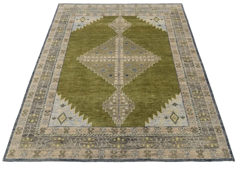 Hand Knotted Olive Green Rug, Vintage Tribal Area Rug, Geometric Wool Carpet, Distressed Persian Style Rug, Boho Living Room Decor