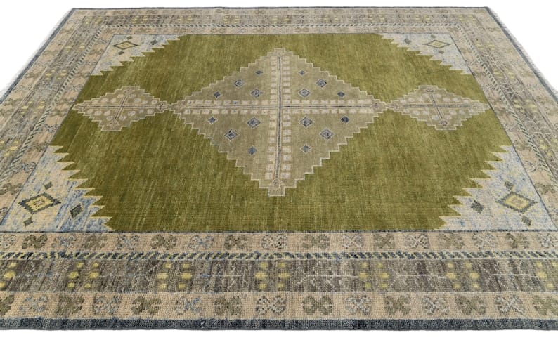 Hand Knotted Olive Green Rug, Vintage Tribal Area Rug, Geometric Wool Carpet, Distressed Persian Style Rug, Boho Living Room Decor