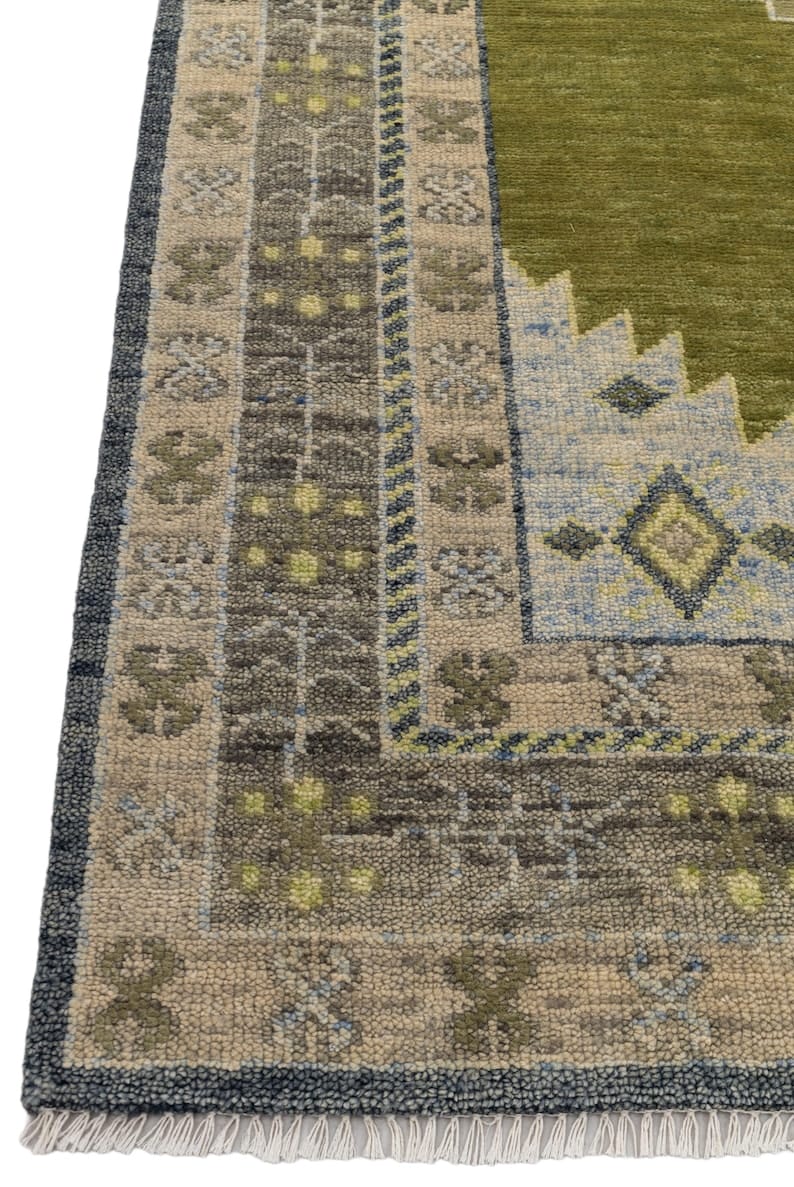 Hand Knotted Olive Green Rug, Vintage Tribal Area Rug, Geometric Wool Carpet, Distressed Persian Style Rug, Boho Living Room Decor