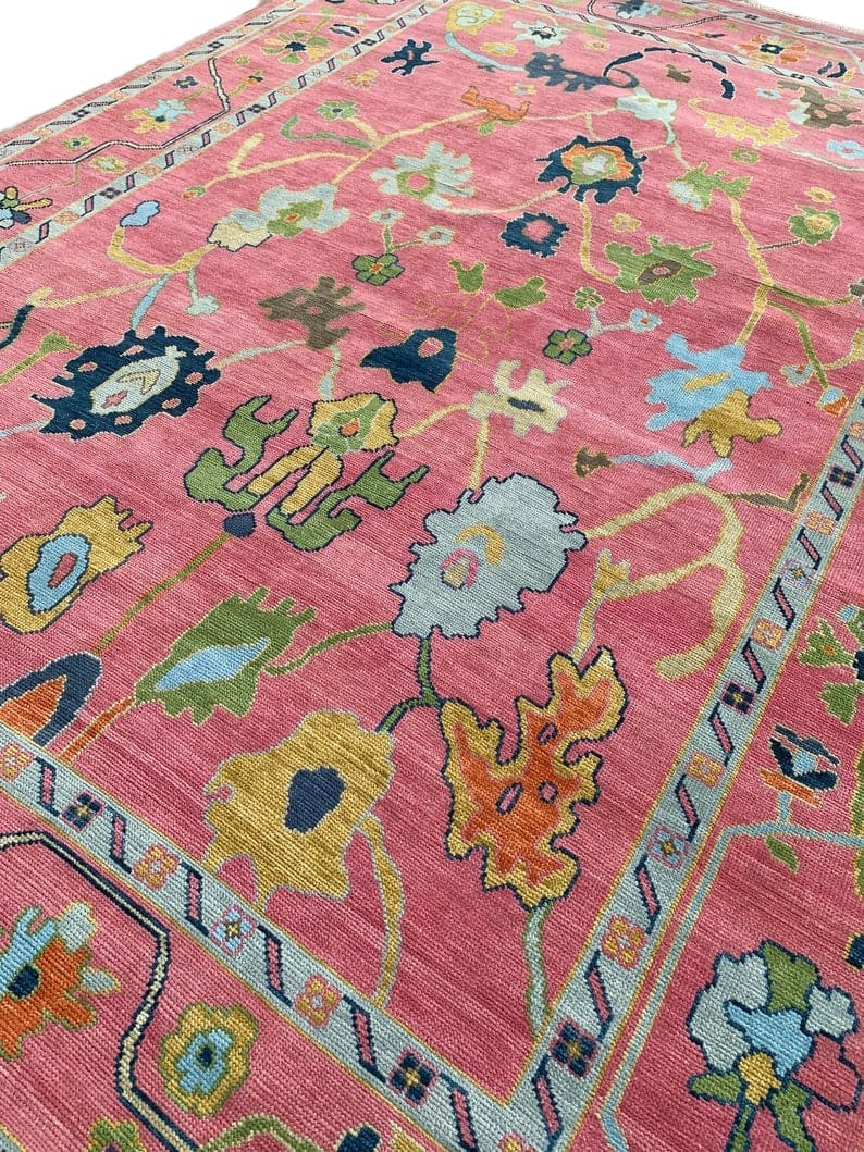 Pink Vintage Floral Rug | Colorful Persian Style Area Carpet | Traditional Boho Rug | Cottagecore Living Room Decor