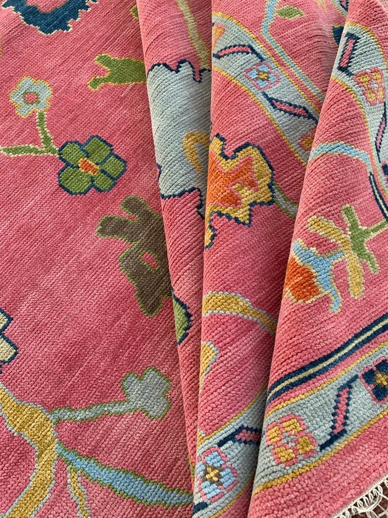 Pink Vintage Floral Rug | Colorful Persian Style Area Carpet | Traditional Boho Rug | Cottagecore Living Room Decor
