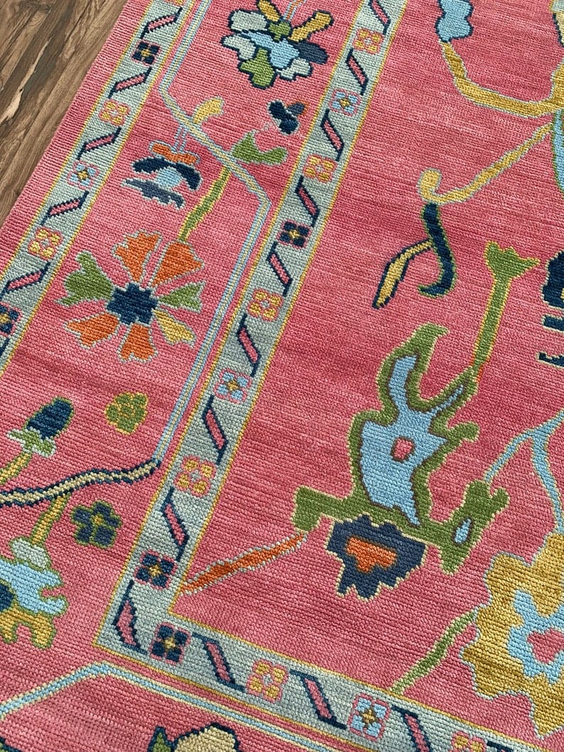 Pink Vintage Floral Rug | Colorful Persian Style Area Carpet | Traditional Boho Rug | Cottagecore Living Room Decor