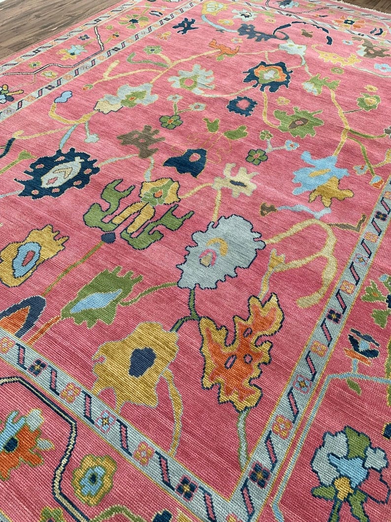 Pink Vintage Floral Rug | Colorful Persian Style Area Carpet | Traditional Boho Rug | Cottagecore Living Room Decor