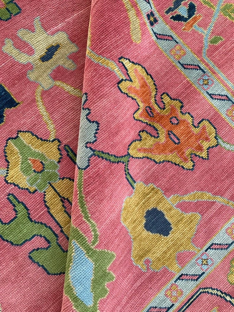 Pink Vintage Floral Rug | Colorful Persian Style Area Carpet | Traditional Boho Rug | Cottagecore Living Room Decor