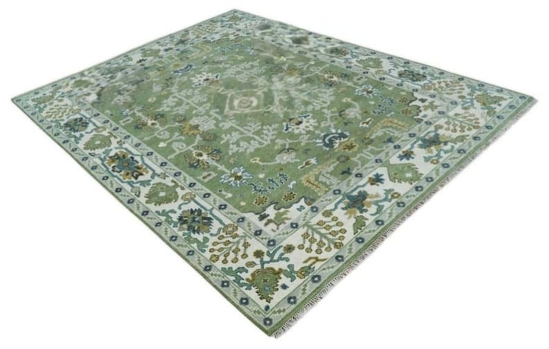 Handmade Green Floral Area Rug, Vintage Botanical Wool Carpet, Sage Green Traditional Rug, Elegant Living Room Decor by GREEN TOUCH CARPET