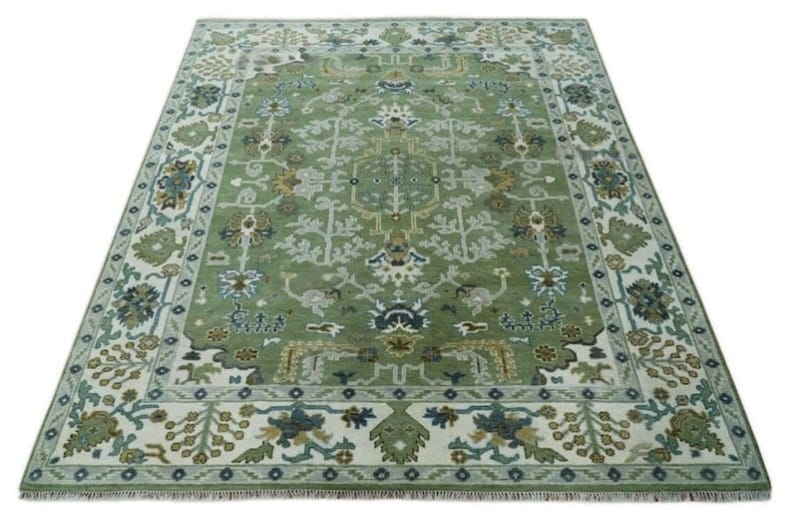 Handmade Green Floral Area Rug, Vintage Botanical Wool Carpet, Sage Green Traditional Rug, Elegant Living Room Decor by GREEN TOUCH CARPET