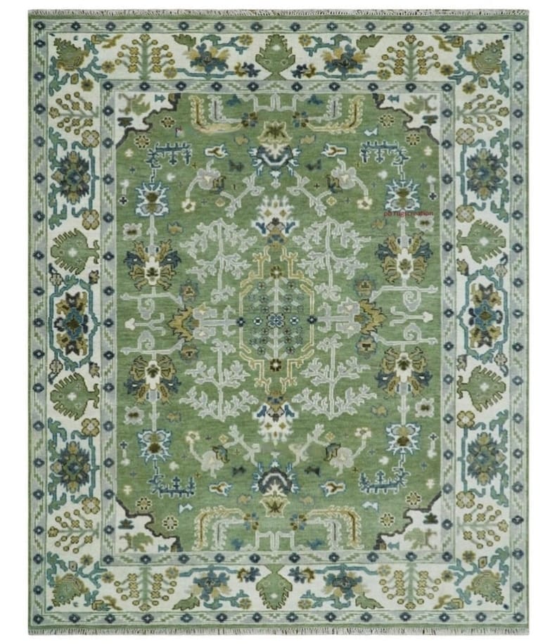 Handmade Green Floral Area Rug, Vintage Botanical Wool Carpet, Sage Green Traditional Rug, Elegant Living Room Decor by GREEN TOUCH CARPET
