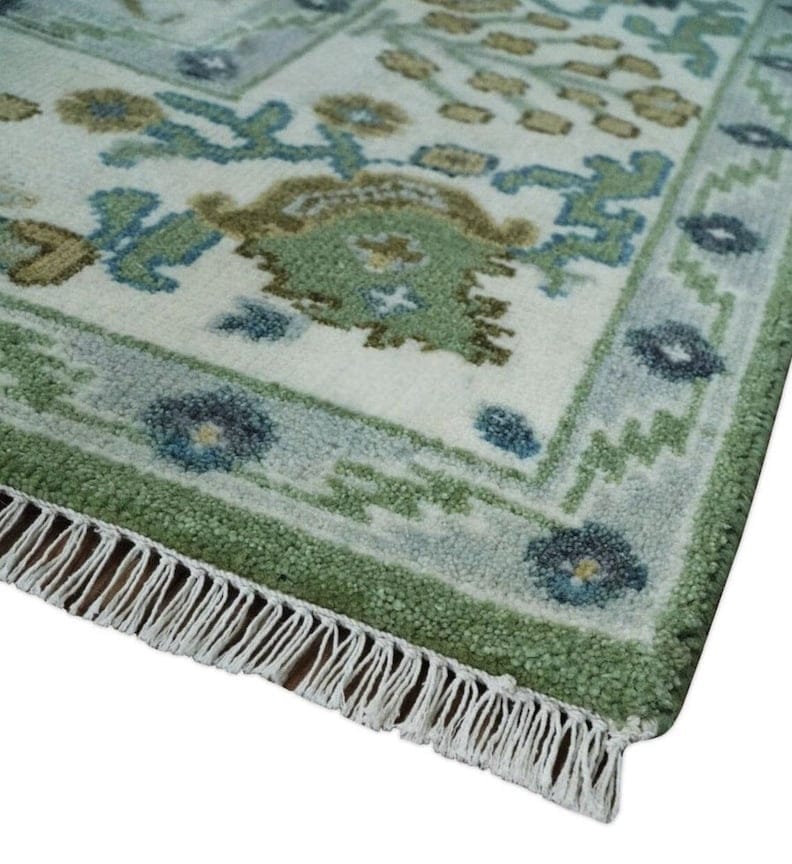 Handmade Green Floral Area Rug, Vintage Botanical Wool Carpet, Sage Green Traditional Rug, Elegant Living Room Decor by GREEN TOUCH CARPET