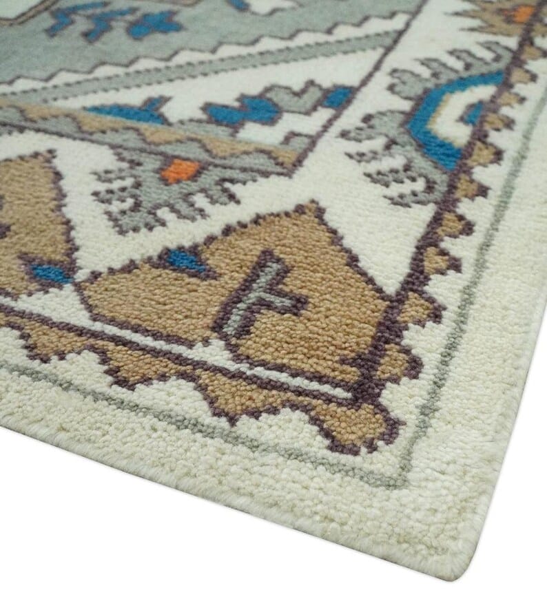 Handmade Tribal Wool Rug, Vintage Geometric Area Carpet, Ivory Blue Persian Style Rug, Boho Living Room Decor, GREEN TOUCH CARPET