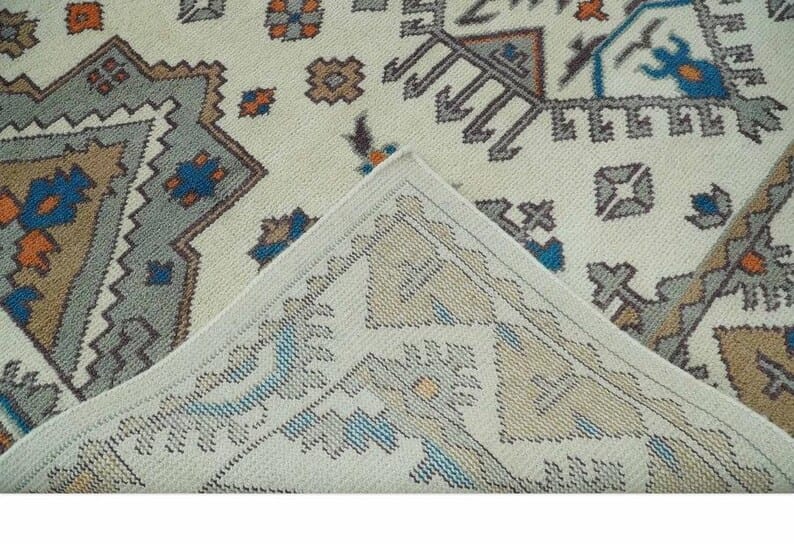 Handmade Tribal Wool Rug, Vintage Geometric Area Carpet, Ivory Blue Persian Style Rug, Boho Living Room Decor, GREEN TOUCH CARPET