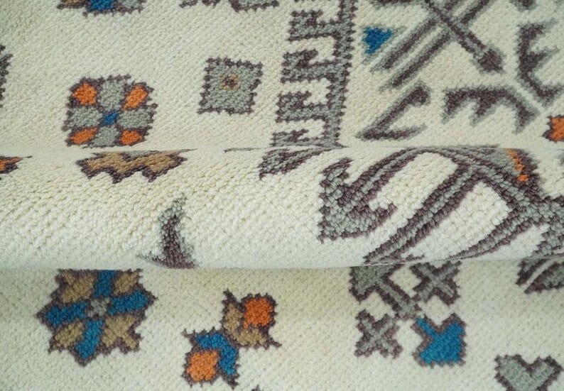 Handmade Tribal Wool Rug, Vintage Geometric Area Carpet, Ivory Blue Persian Style Rug, Boho Living Room Decor, GREEN TOUCH CARPET