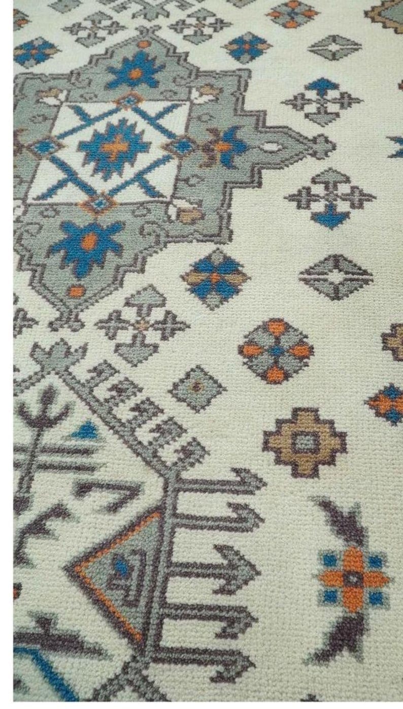 Handmade Tribal Wool Rug, Vintage Geometric Area Carpet, Ivory Blue Persian Style Rug, Boho Living Room Decor, GREEN TOUCH CARPET