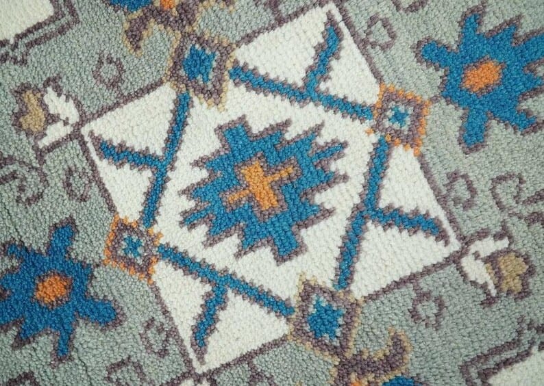 Handmade Tribal Wool Rug, Vintage Geometric Area Carpet, Ivory Blue Persian Style Rug, Boho Living Room Decor, GREEN TOUCH CARPET