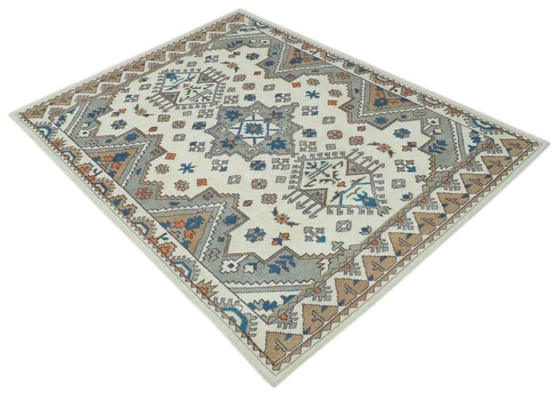 Handmade Tribal Wool Rug, Vintage Geometric Area Carpet, Ivory Blue Persian Style Rug, Boho Living Room Decor, GREEN TOUCH CARPET