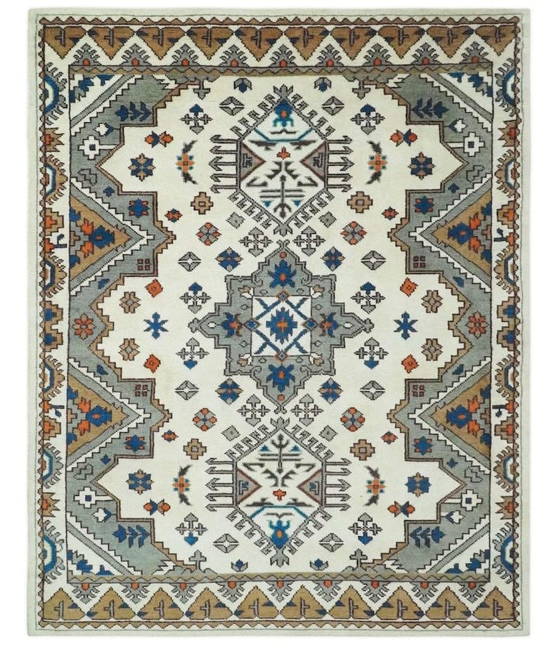 Handmade Tribal Wool Rug, Vintage Geometric Area Carpet, Ivory Blue Persian Style Rug, Boho Living Room Decor, GREEN TOUCH CARPET