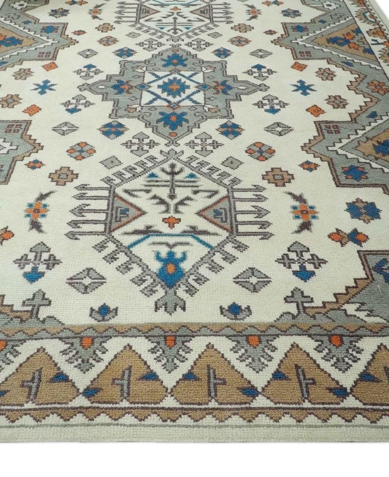 Handmade Tribal Wool Rug, Vintage Geometric Area Carpet, Ivory Blue Persian Style Rug, Boho Living Room Decor, GREEN TOUCH CARPET