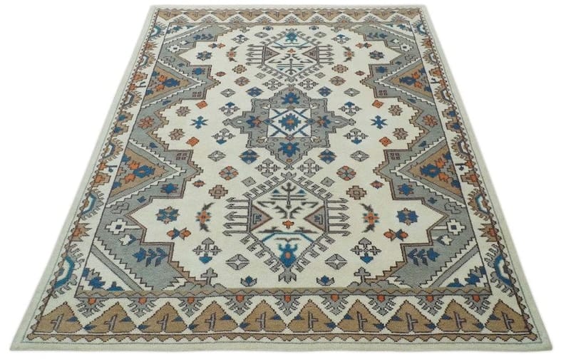 Handmade Tribal Wool Rug, Vintage Geometric Area Carpet, Ivory Blue Persian Style Rug, Boho Living Room Decor, GREEN TOUCH CARPET