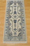 Handmade Oushak Wool Runner Rug: Ocean Blue, Green, Ivory Floral, 2.6x7 ft
