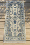 Handmade Oushak Wool Runner Rug: Ocean Blue, Green, Ivory Floral, 2.6x7 ft