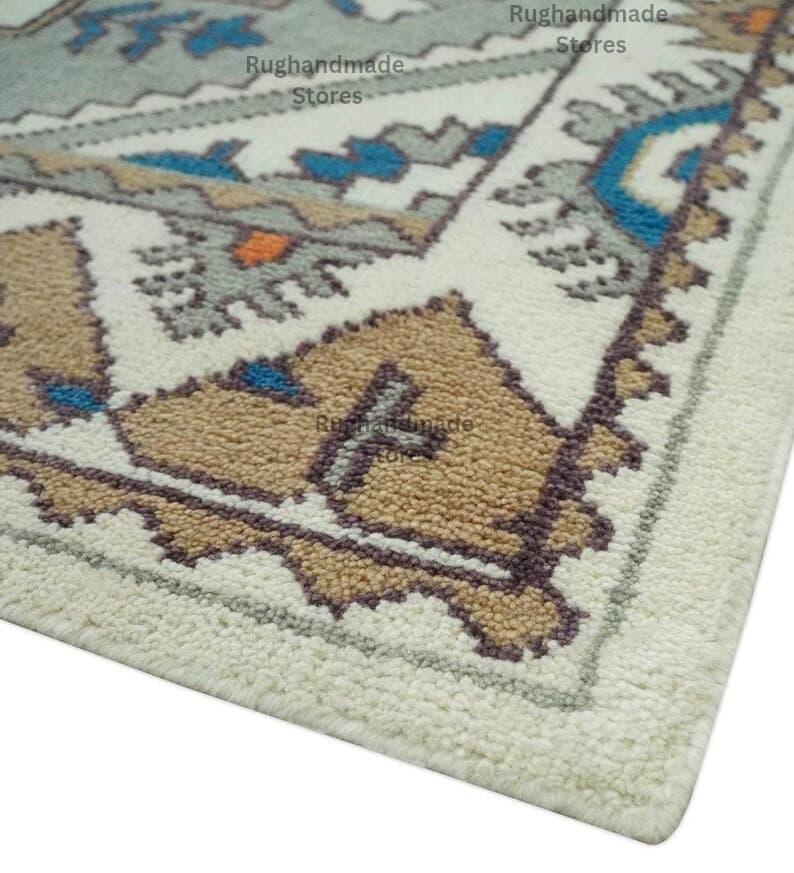 Handmade Oushak Wool Rug: Beige & Brown Turkish Knot, 8x10 Area Rug