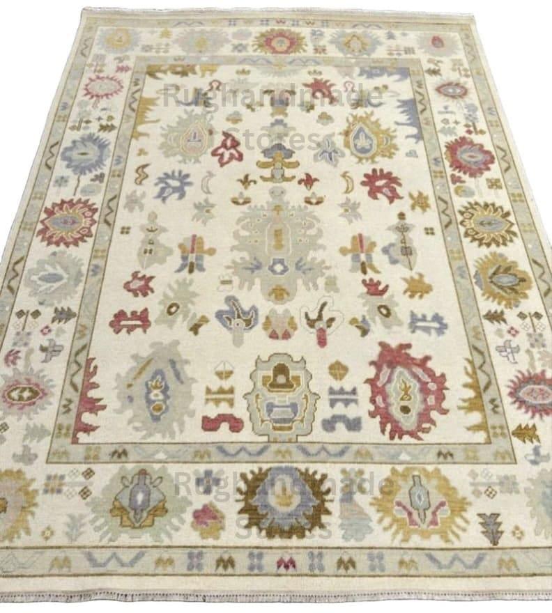 Oushak Wool Rug: Beige, Gold & Gray Turkish Knot Area Rug 9x12 ft