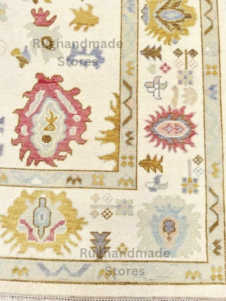 Oushak Wool Rug: Beige, Gold & Gray Turkish Knot Area Rug 9x12 ft