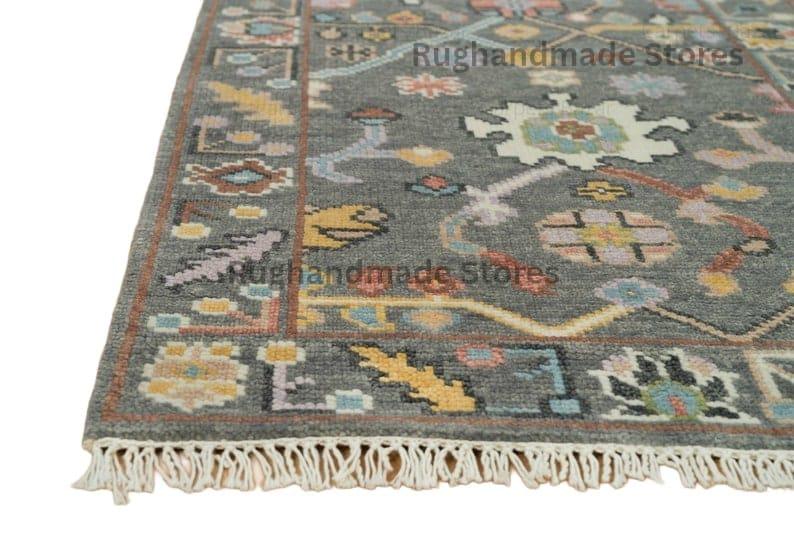 Handmade Oushak Wool Runner Rug: Gray, Olive, Blue Floral, 2.6x7 ft
