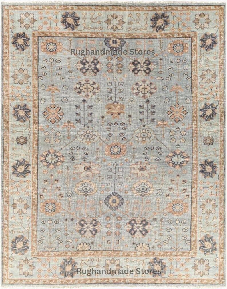 Handmade Oushak Wool Rug: Slate Blue, Ivory, Peach Floral Design