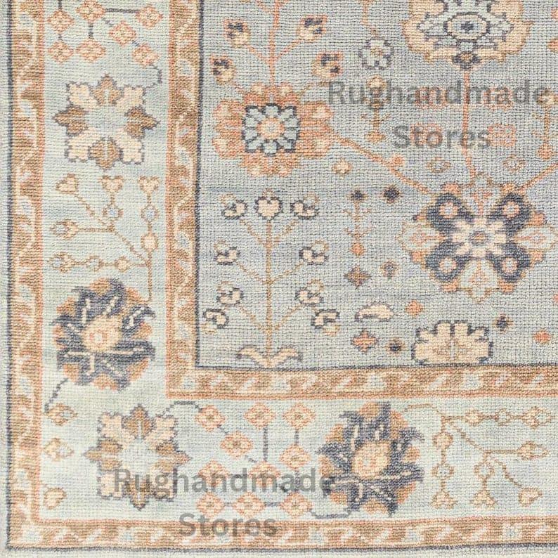 Handmade Oushak Wool Rug: Slate Blue, Ivory, Peach Floral Design
