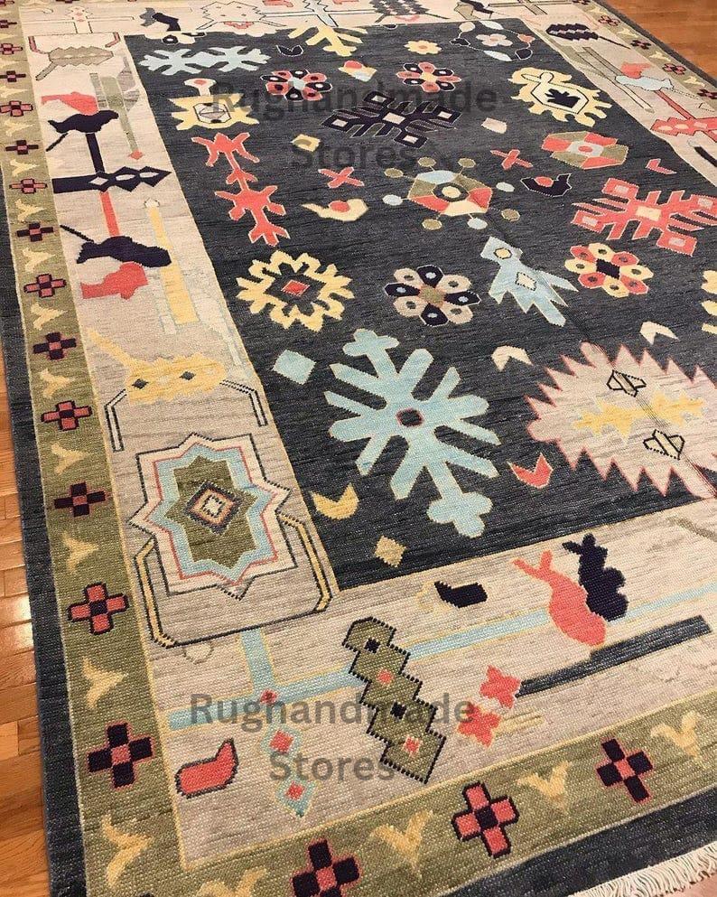Hand-Knotted Oushak Wool Rug: Light Blue, Gray, Coral, 8x10 Area Rug