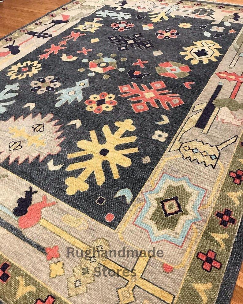 Hand-Knotted Oushak Wool Rug: Light Blue, Gray, Coral, 8x10 Area Rug