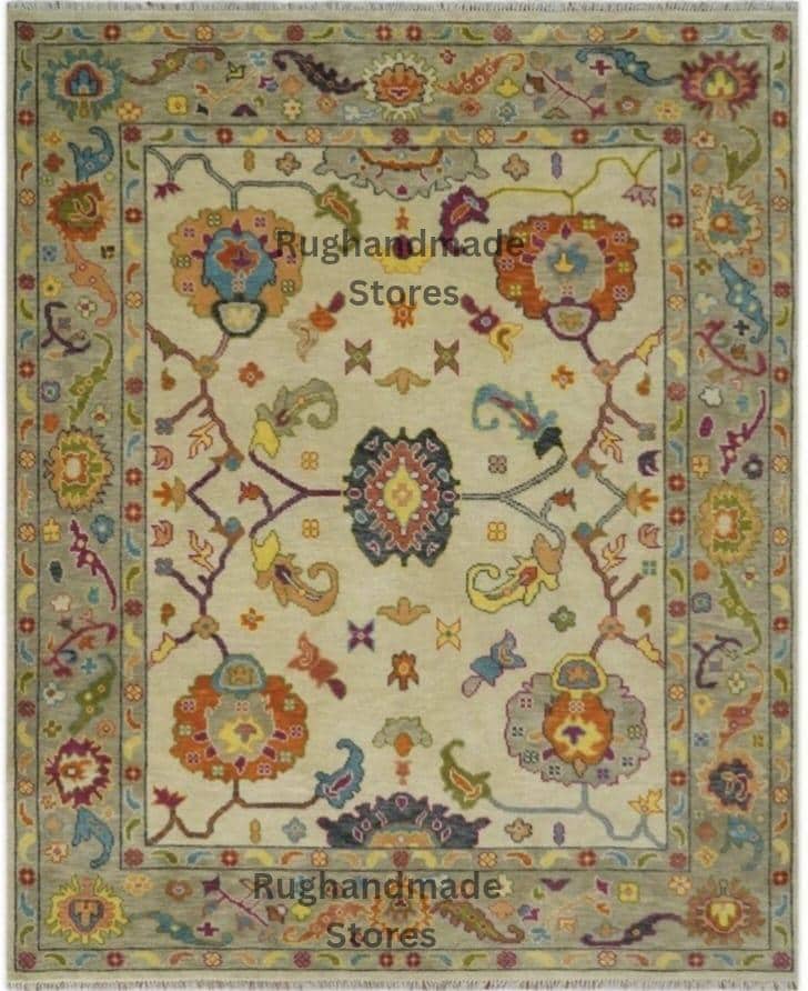 Hand-Knotted Oushak Wool Rug: Mustard, Navy, Orange - 8x10 Turkish Area Rug