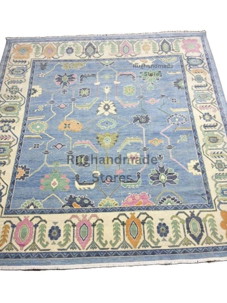 Handmade Oushak Wool Rug: Mint, Peach, Ivory Turkish Knot Area Rug