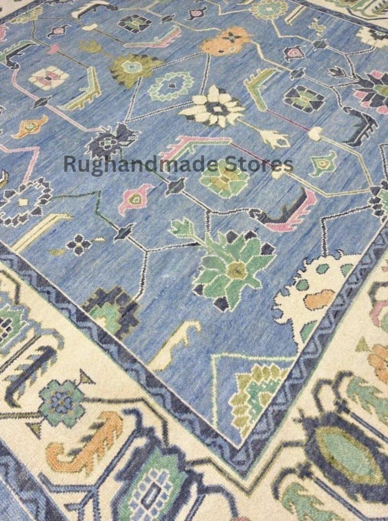 Handmade Oushak Wool Rug: Mint, Peach, Ivory Turkish Knot Area Rug