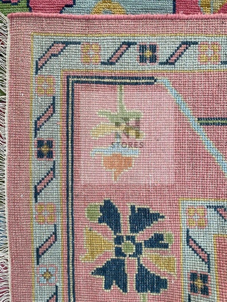 Handmade Oushak Wool Rug: Pink & Sky Blue Turkish Knot, 8x10 Area Rug
