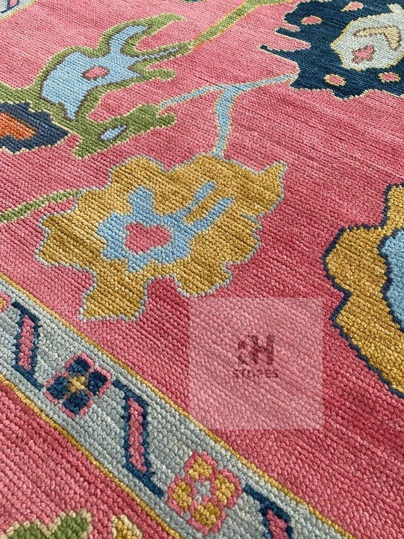 Handmade Oushak Wool Rug: Pink & Sky Blue Turkish Knot, 8x10 Area Rug