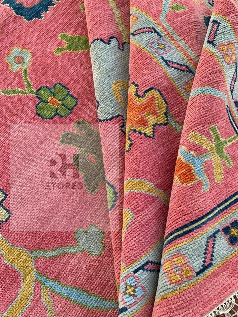 Handmade Oushak Wool Rug: Pink & Sky Blue Turkish Knot, 8x10 Area Rug