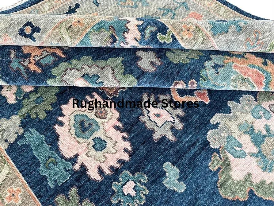 Handmade Oushak Wool Rug: Blue & Gray Turkish Knot Area Rug
