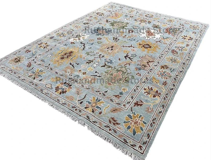 Hand-Knotted Oushak Wool Rug: Sky Blue & Multicolor Turkish Area Rug