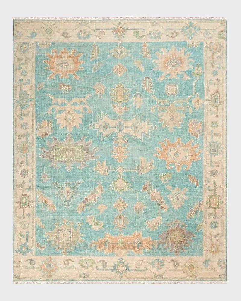 Hand-Knotted Oushak Wool Rug: Sky Blue & Beige Turkish Knot, 8x10