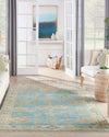 Hand-Knotted Oushak Wool Rug: Sky Blue & Beige Turkish Knot, 8x10