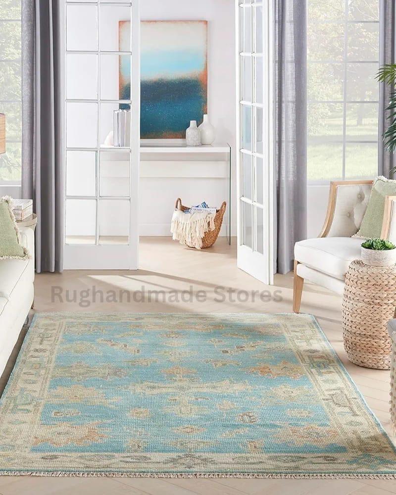 Hand-Knotted Oushak Wool Rug: Sky Blue & Beige Turkish Knot, 8x10