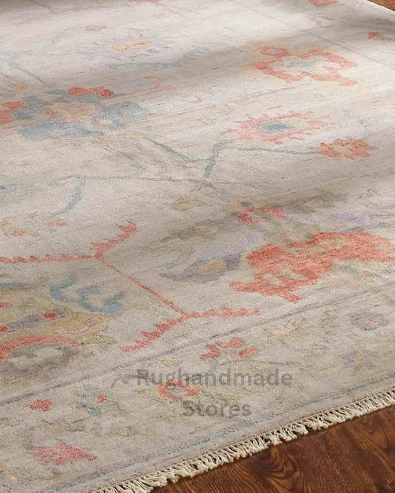 Handmade Oushak Wool Rug: Beige & Gray Turkish Knot Area Rug