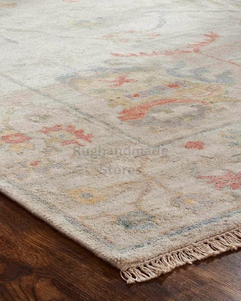 Handmade Oushak Wool Rug: Beige & Gray Turkish Knot Area Rug
