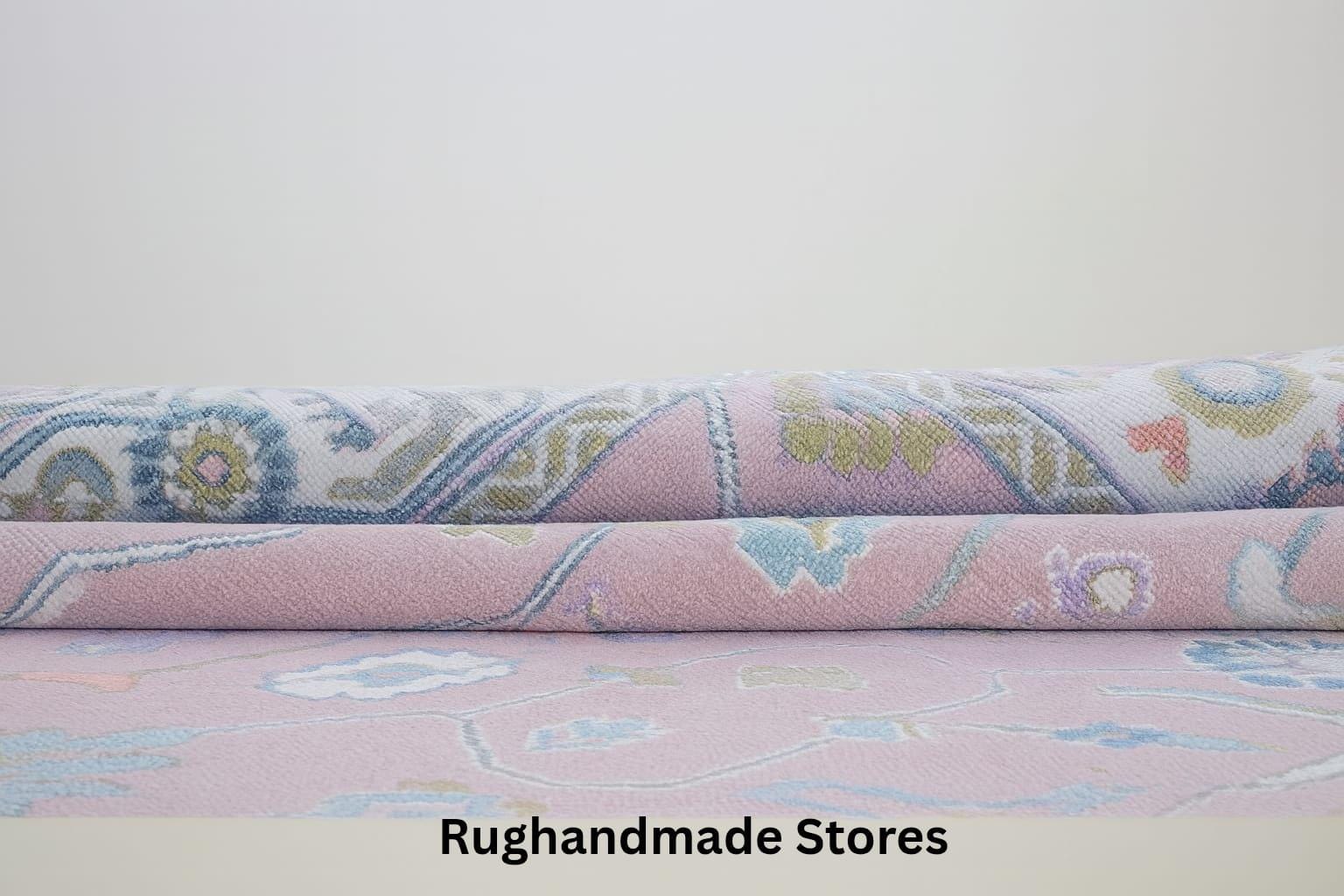 Hand-Knotted Oushak Wool Rug: Soft Pink, Blue & Beige, Turkish Knot 8x10