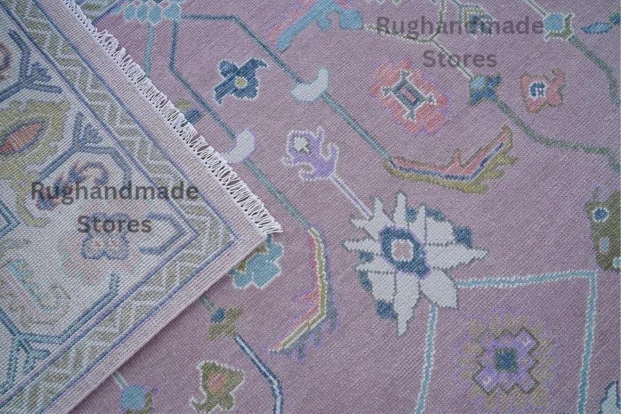 Hand-Knotted Oushak Wool Rug: Soft Pink, Blue & Beige, Turkish Knot 8x10