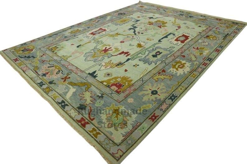 Hand-Knotted Oushak Wool Rug: Turkish Floral Area Rug, 8x10